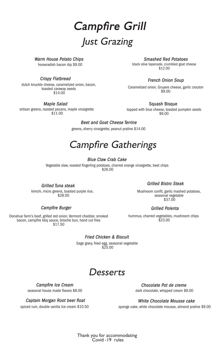 October 2020 Dinner Menu Campfire Adirondack Grill + Bar by Roedel Companies Issuu