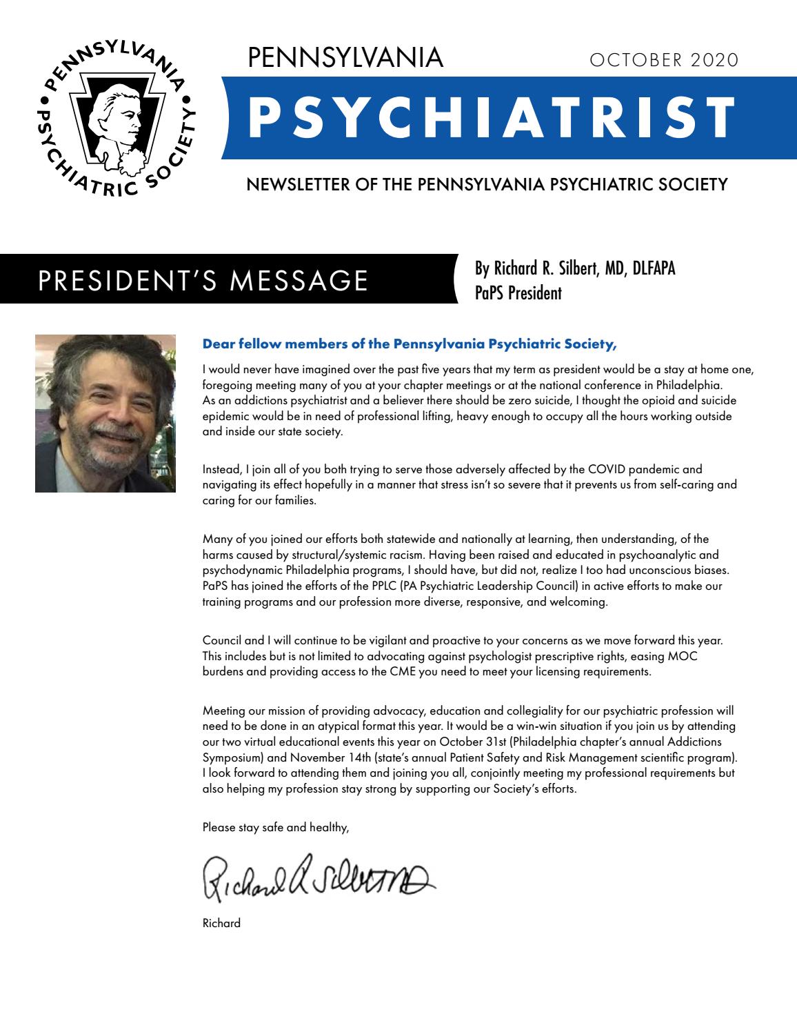 Pennsylvania Psychiatrist, October 2020, Newsletter of the Pennsylvania