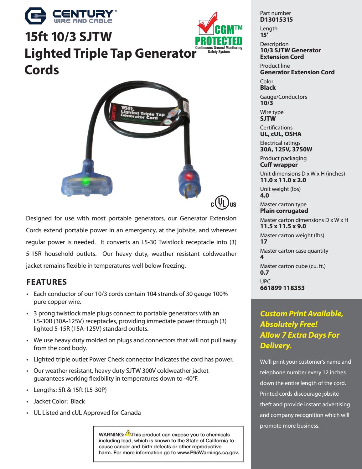 Century Wire and Cable Lighted Triple Tap Generator Cords by Ram Tool