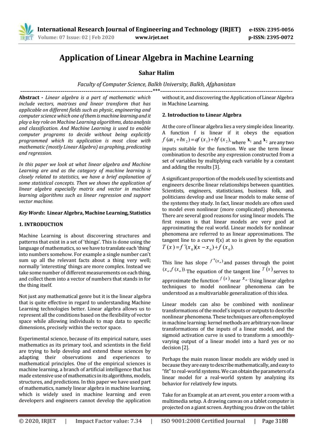 IRJET Application of Linear Algebra in Machine Learning by IRJET