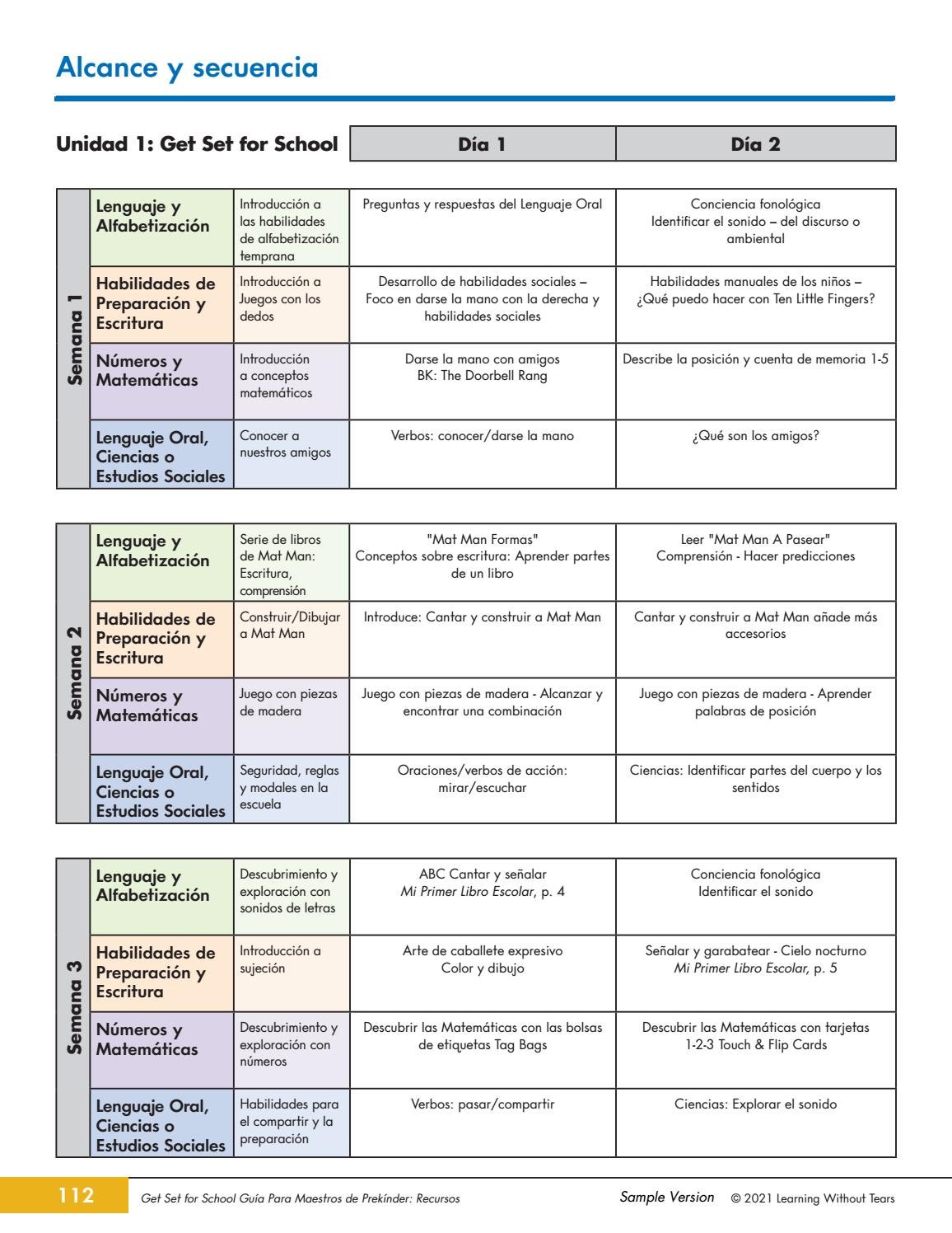 Get Set for School Scope and Sequence in Spanish by Learning Without