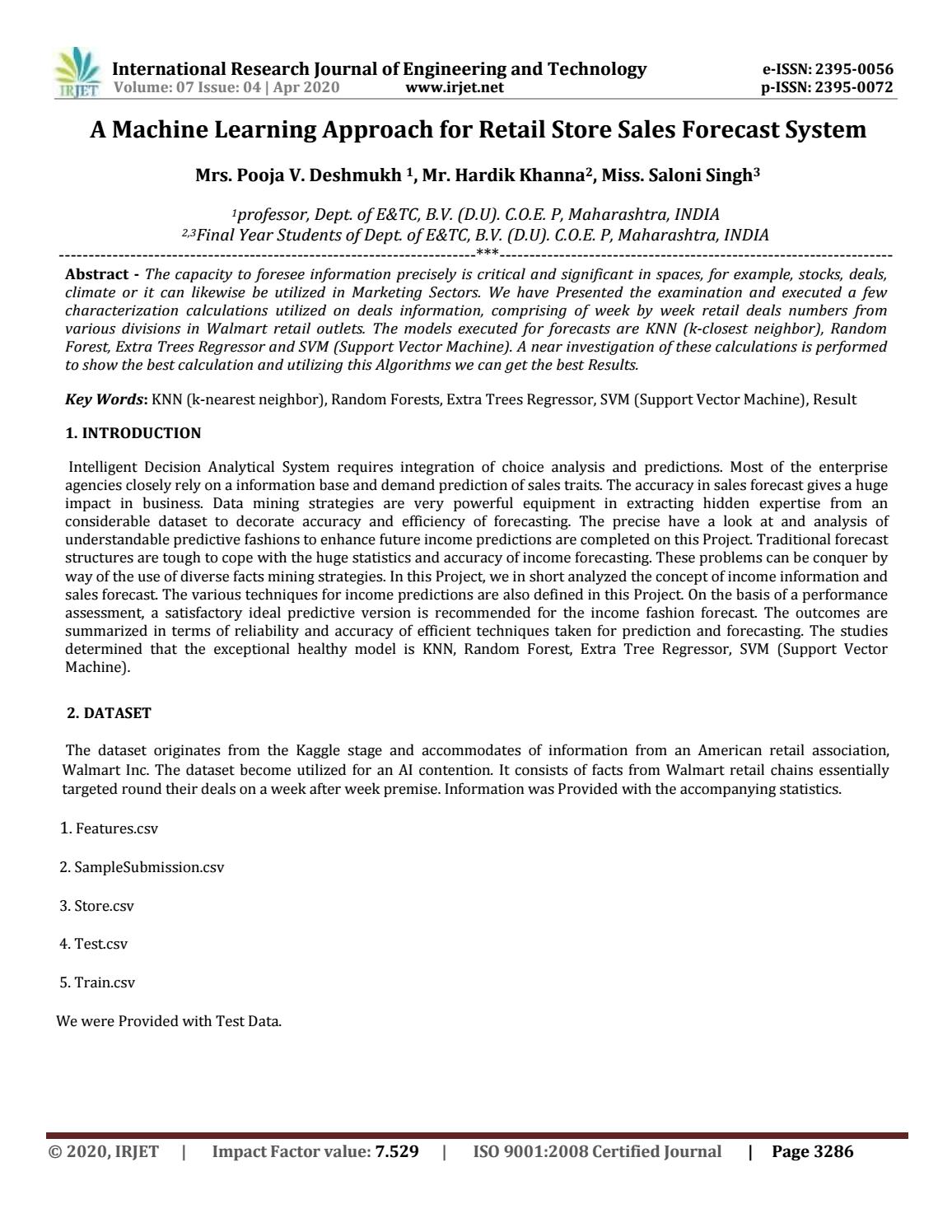 Irjet A Machine Learning Approach For Retail Store Sales Forecast System By Irjet Journal Issuu