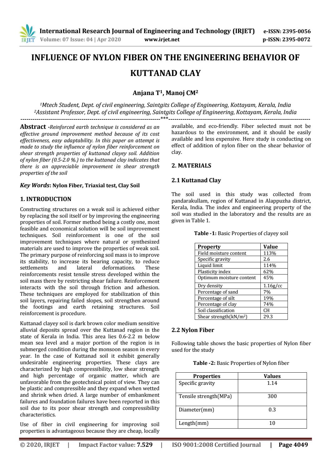 Irjet Influence Of Nylon Fiber On The Engineering Behavior Of Kuttanad Irjet Influence Of Nylon Fiber On The Engineering Behavior Of Kuttanad