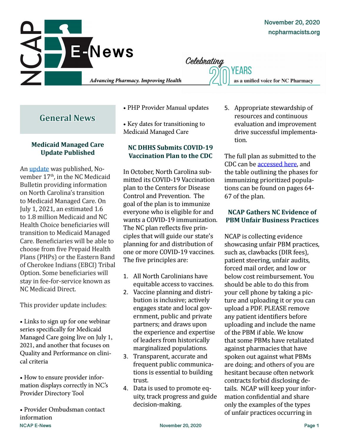 NCAP E-News November 2020 by North Carolina Association of Pharmacists