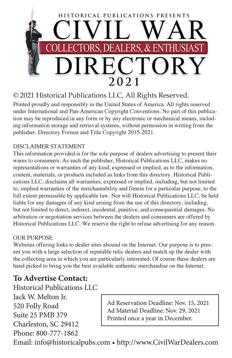 Civil War Collectors, Dealer, & Enthusiast Directory for 2021 by