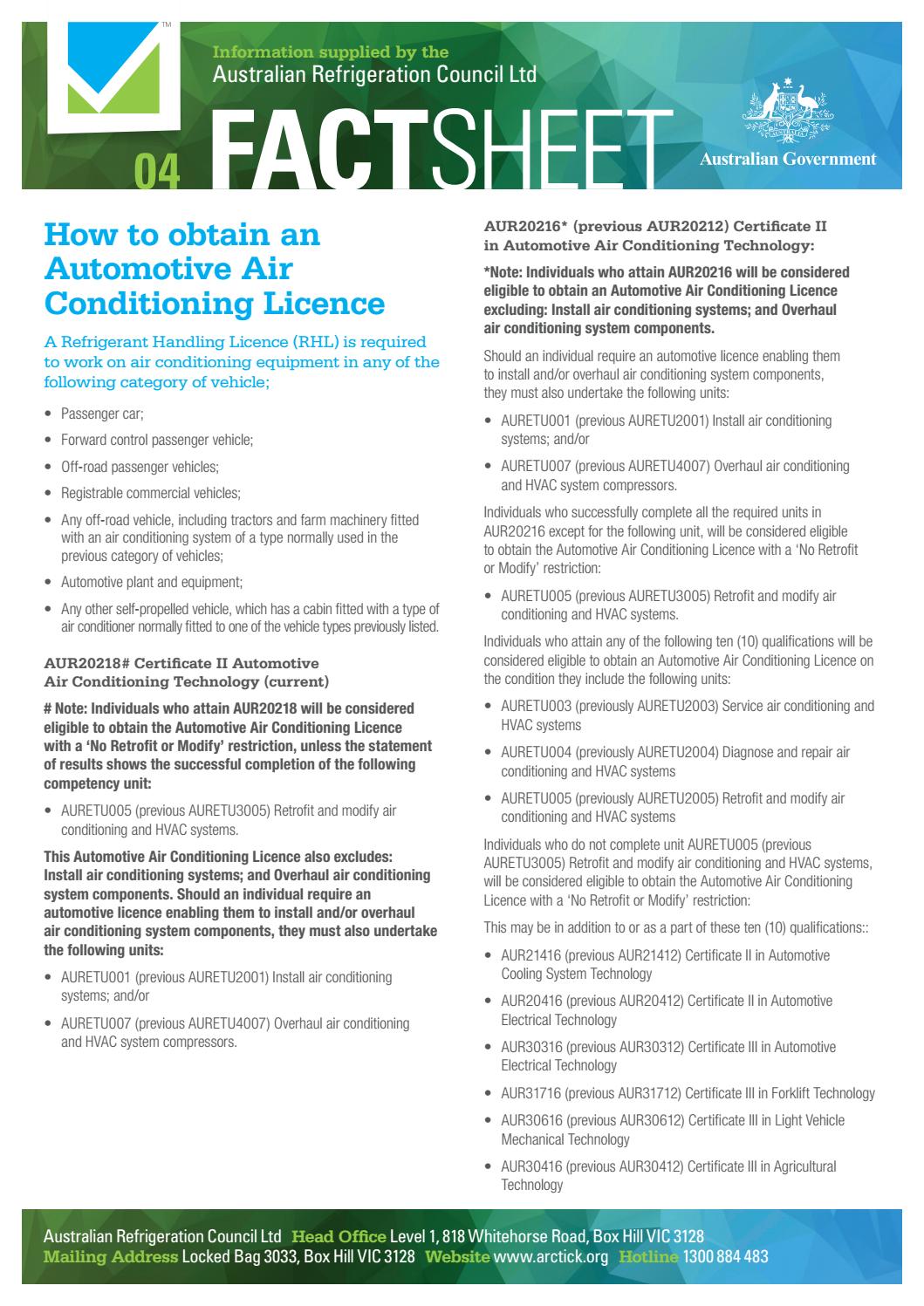 Fact Sheet 04 How to obtain an Automotive Air Conditioning Licence