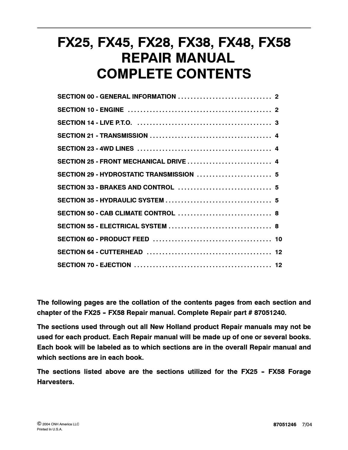 New Holland Forage Harvester FX58 FX45 FX28 FX38 FX48 25 Service Workshop Manual