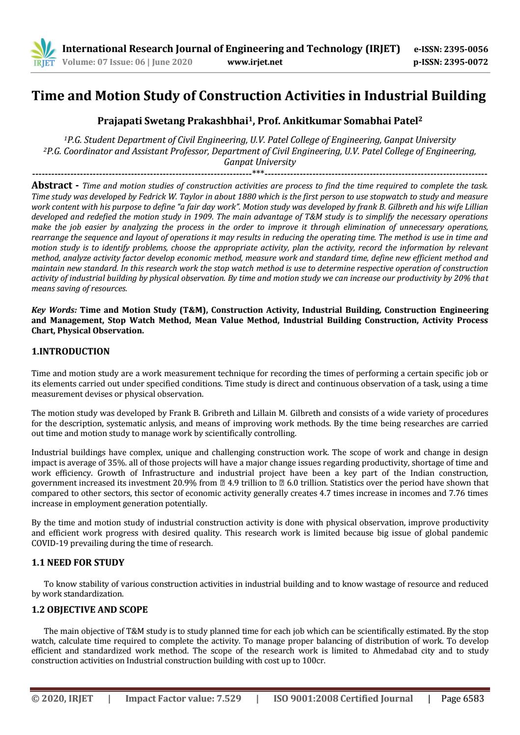 IRJET- Time and Motion Study of Construction Activities in Industrial ...
