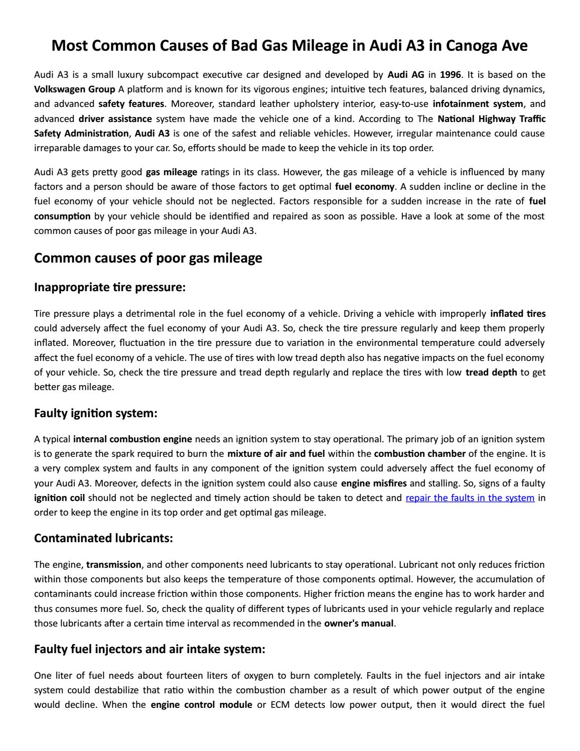 Most Common Causes of Bad Gas Mileage in Audi A3 in Canoga Ave by Euro