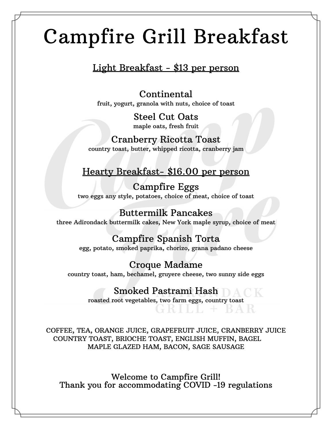 January 2021 Breakfast Menu Campfire Adirondack Grill + Bar by Roedel