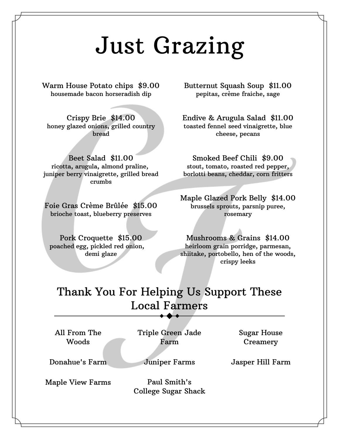 January 2021 Dinner Menu Campfire Adirondack Grill + Bar by Roedel