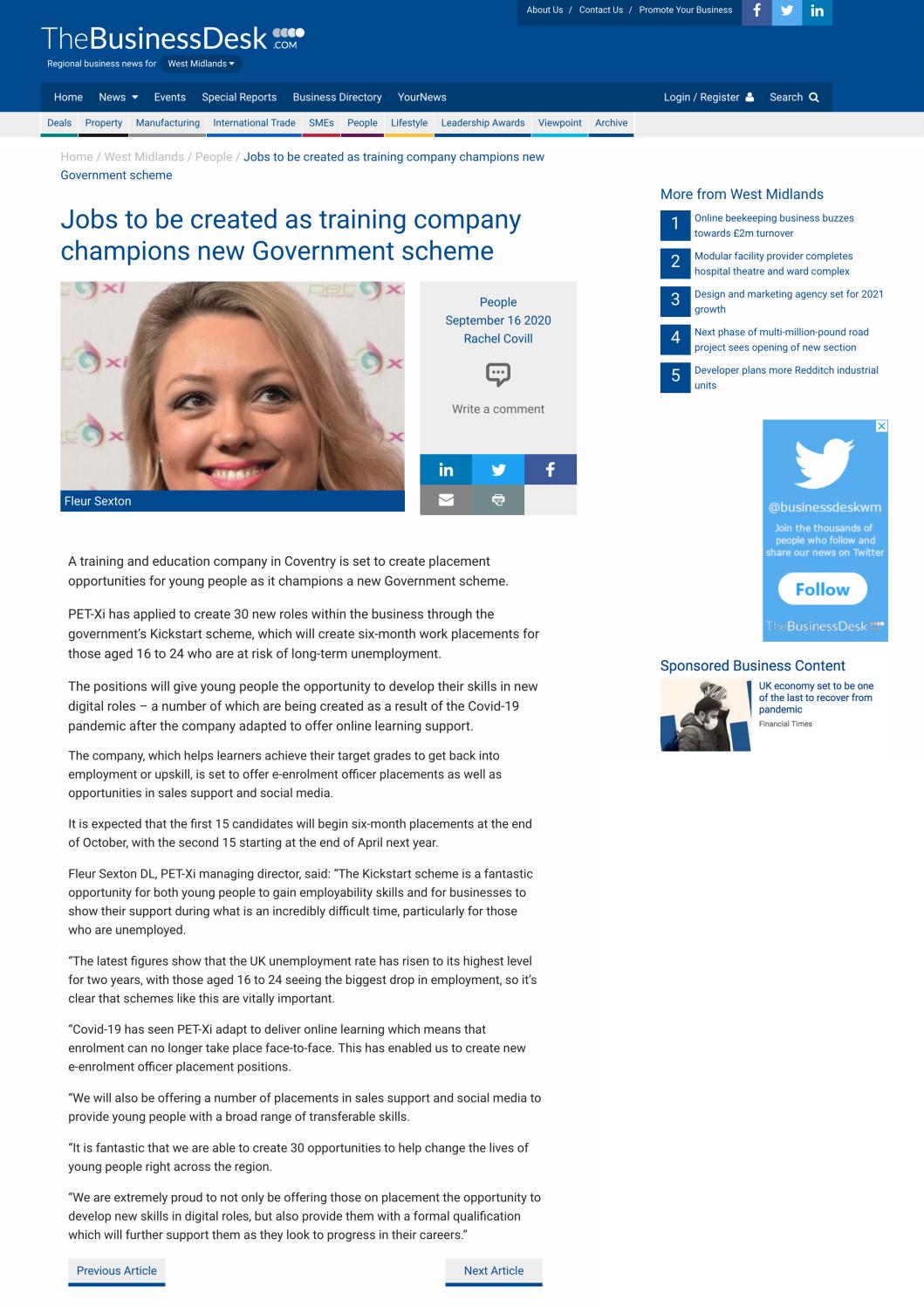 PETXi The Business Desk Jobs to be created as training company champions new Government