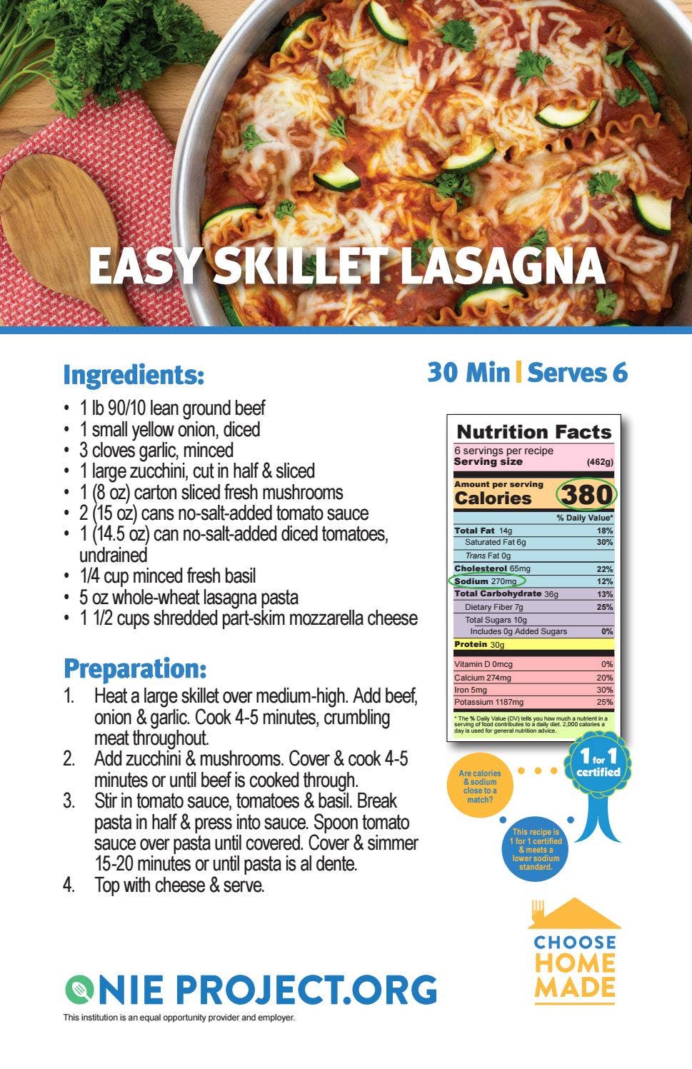 Easy Skillet Lasagna Recipe Card (English and Spanish) by The ONIE