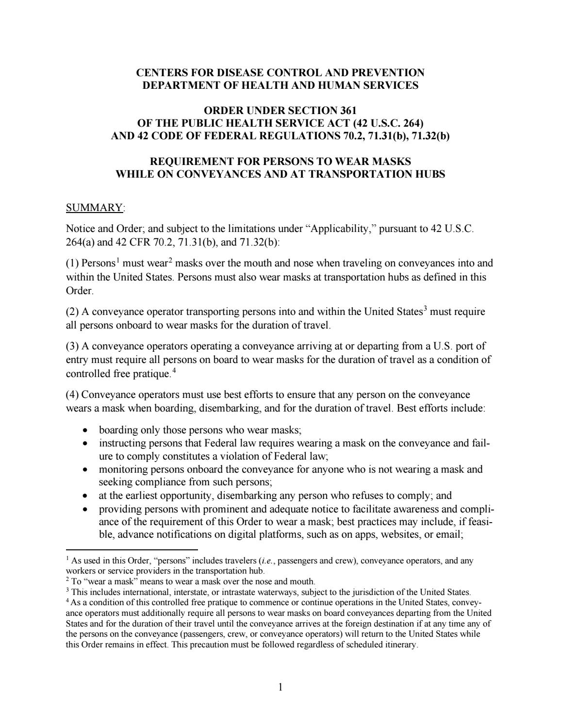 CDC REQUIREMENT FOR PERSONS TO WEAR MASKS WHILE ON CONVEYANCES AND AT
