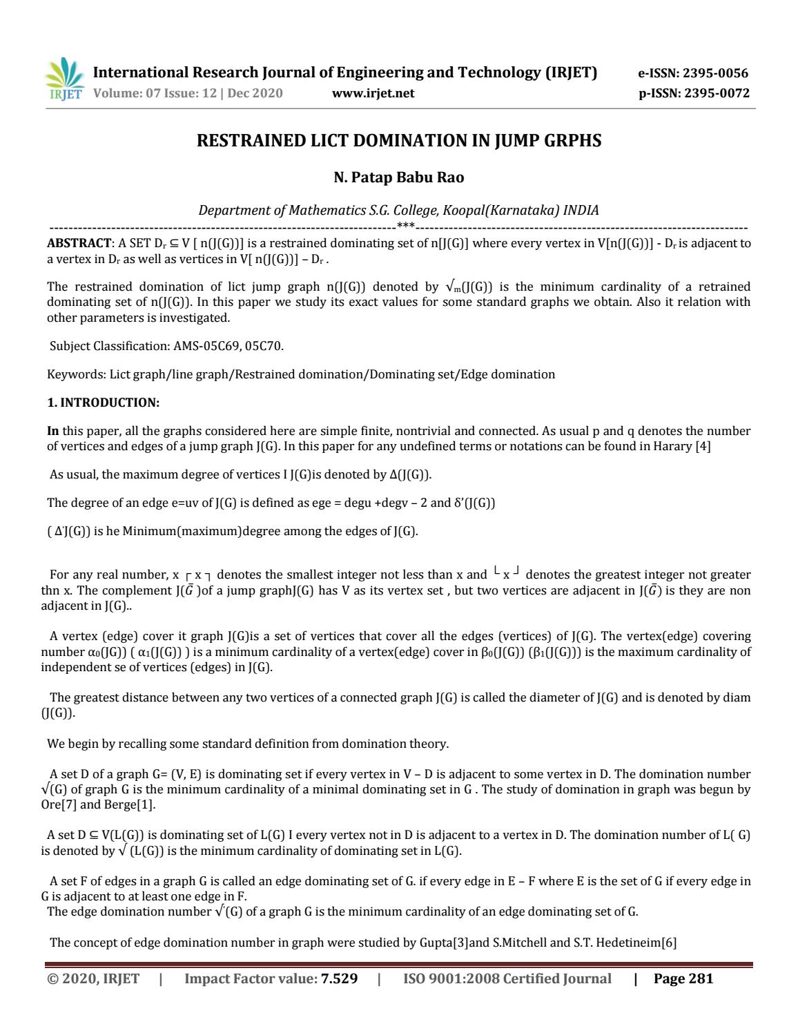 Irjet Restrained Lict Domination In Jump Grphs By Irjet Journal Issuu