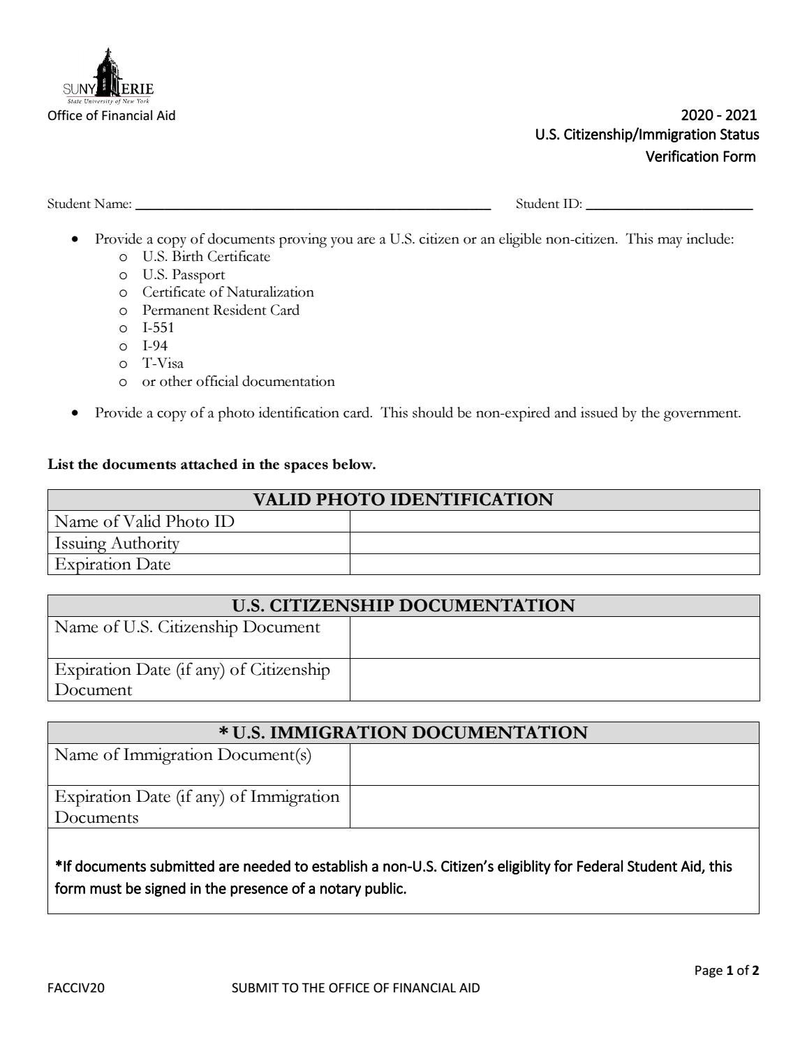 US Citizenship and Immigration Status Verification Form by SUNY Erie