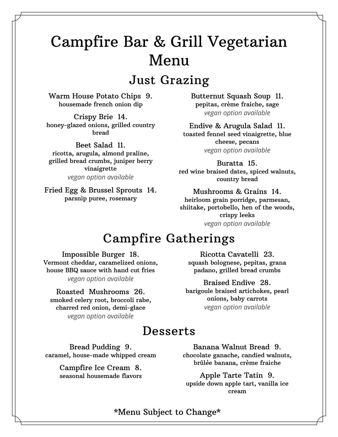 March 2021 Vegetarian Menu Campfire Adirondack Grill + Bar by Roedel