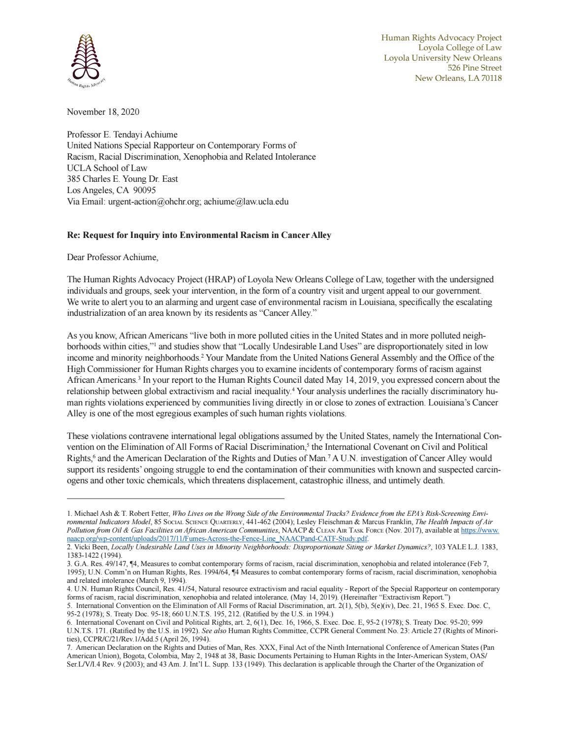 Human Rights Advocacy Project Letter to the U.N. by Loyola University ...