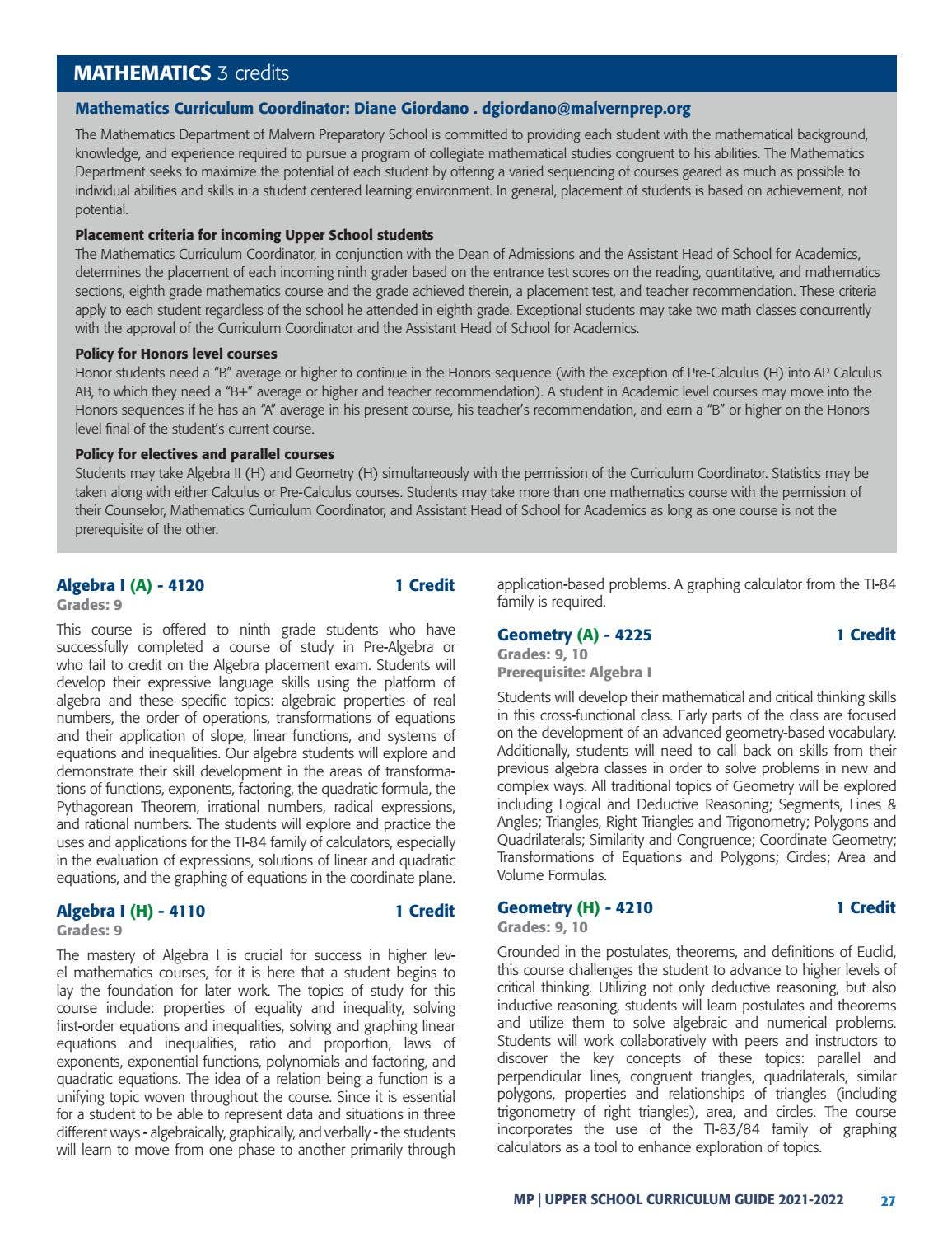 2021-2022 Upper School Curriculum Guide by Malvern Preparatory School ...
