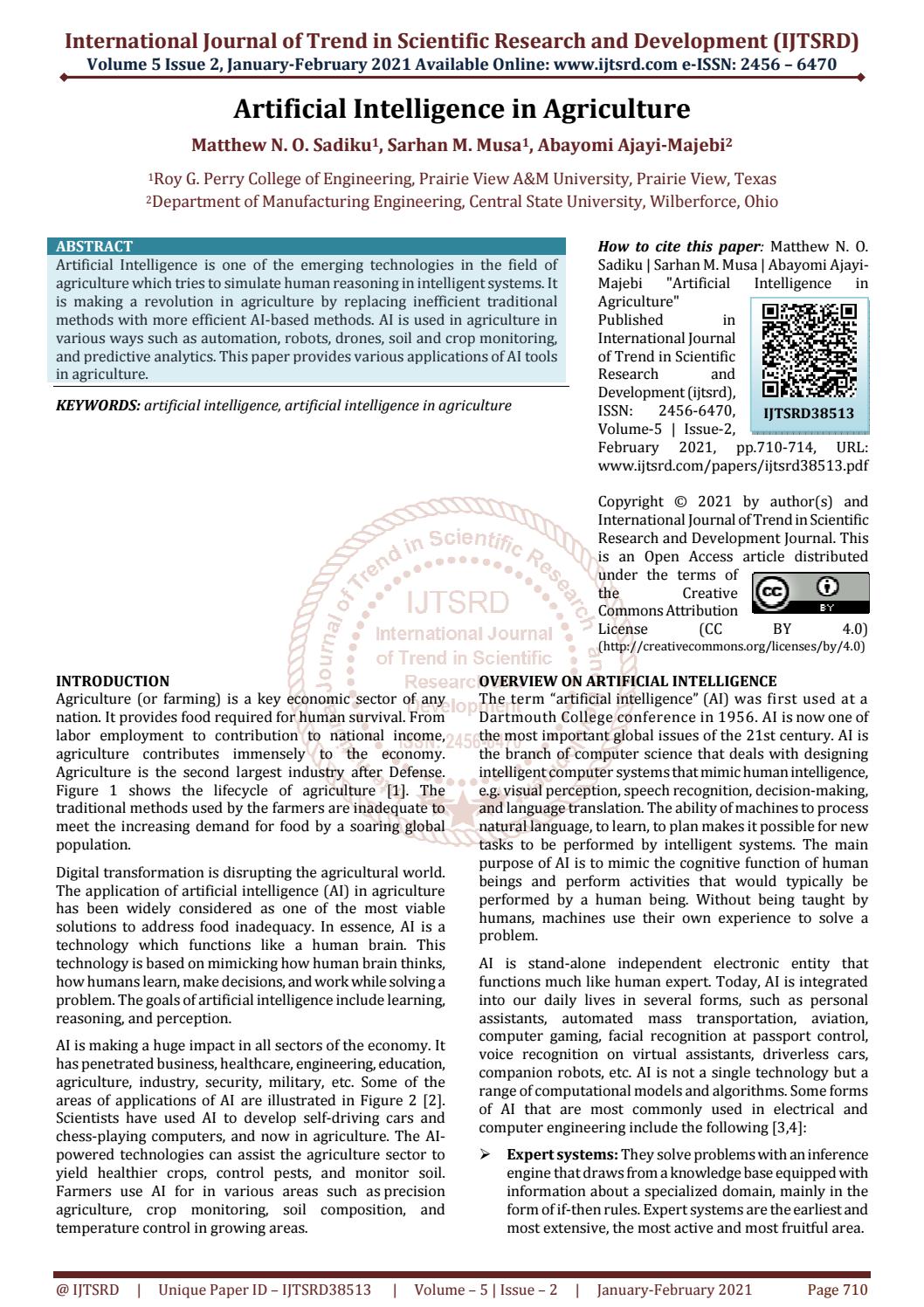 Artificial Intelligence In Agriculture By International Journal Of Trend In Scientific Research And Development Issn 2456 6470 Issuu
