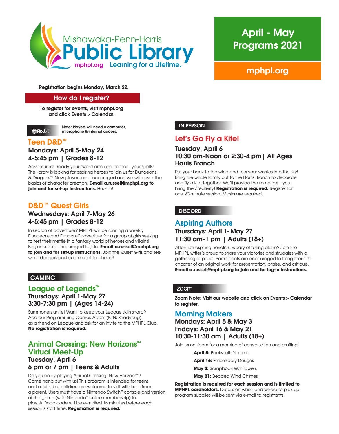 April & May MPHPL Programs by MishawakaPennHarris Public Library