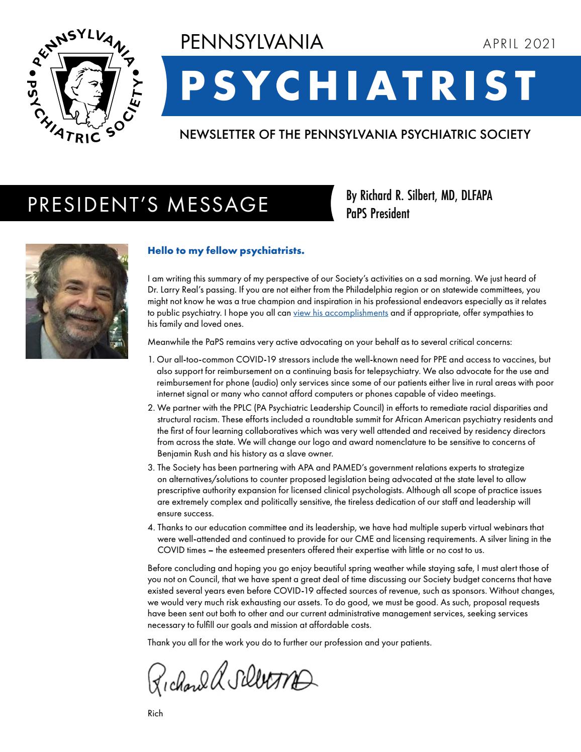 April 2021 Issue of the Pennsylvania Psychiatrist Newsletter by TEAM Issuu