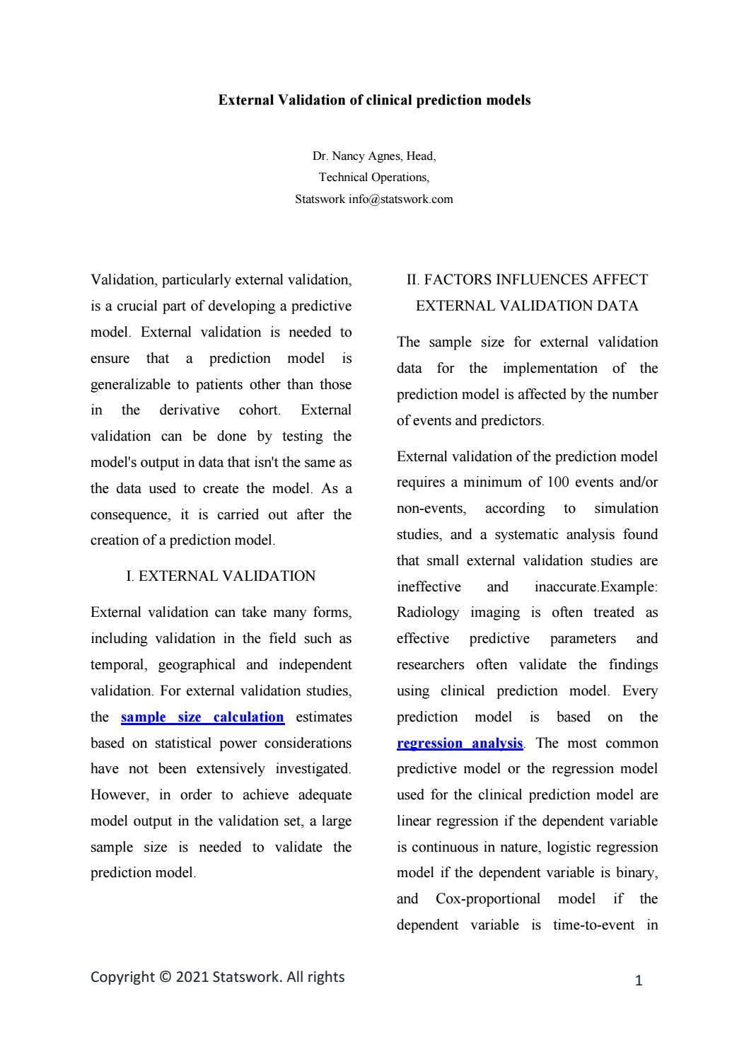External Validation of clinical prediction models - Statswork by ...