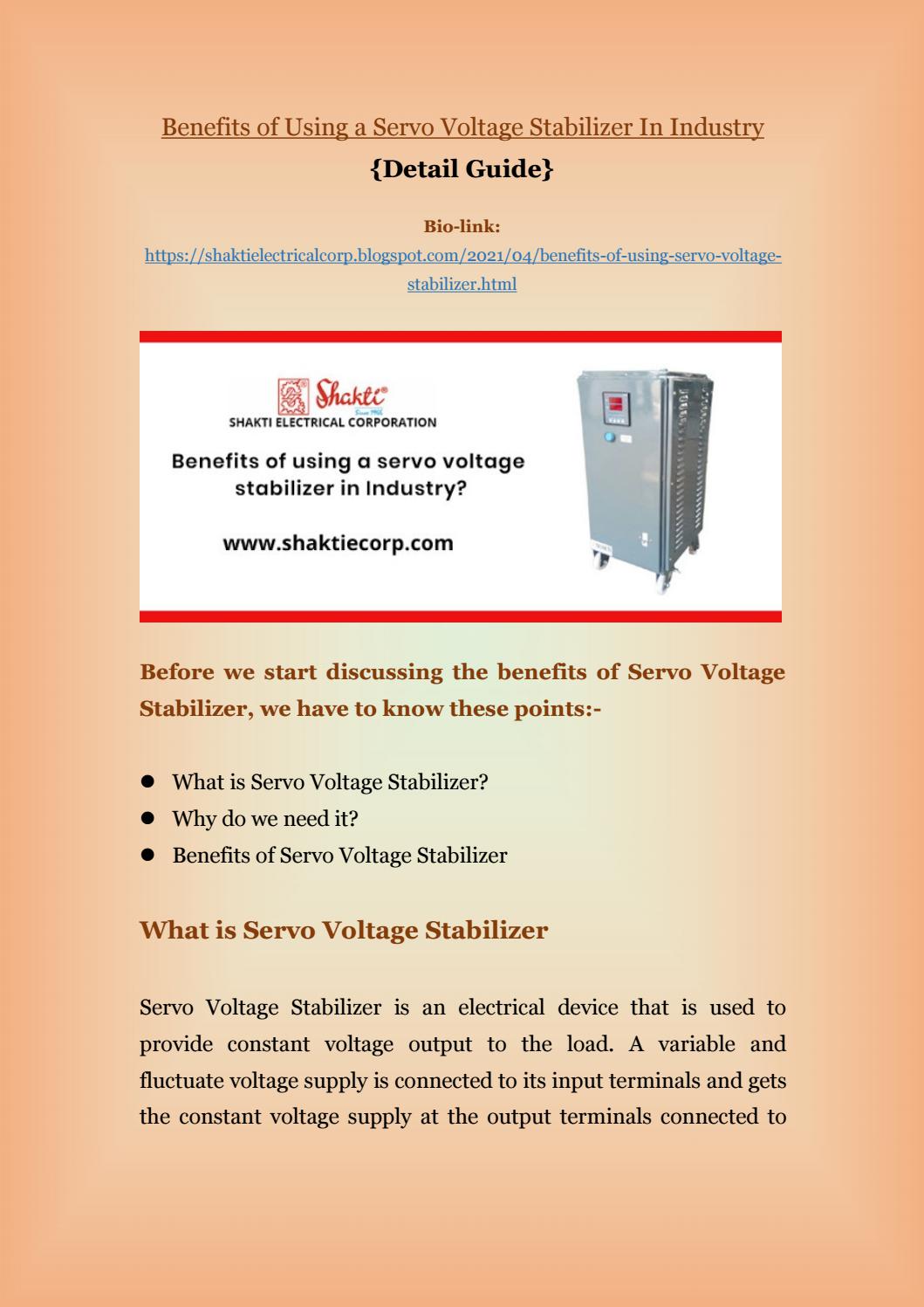 Benefits of Using a Servo Voltage Stabilizer In Industry by Mohanish
