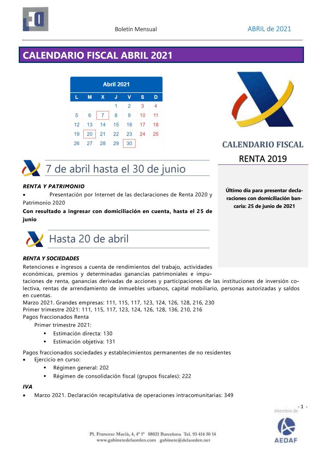 Calendario Fiscal ABRIL 2021 - www.gabinetedelaorden.com by delaorden ...