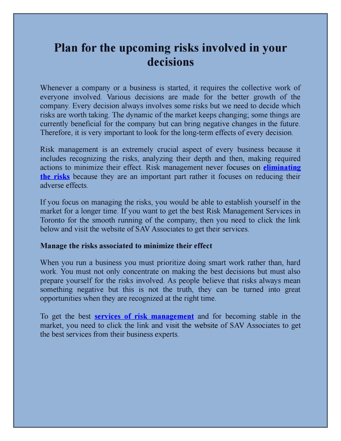 Manage the risks of your business Risk Management Services Toronto by