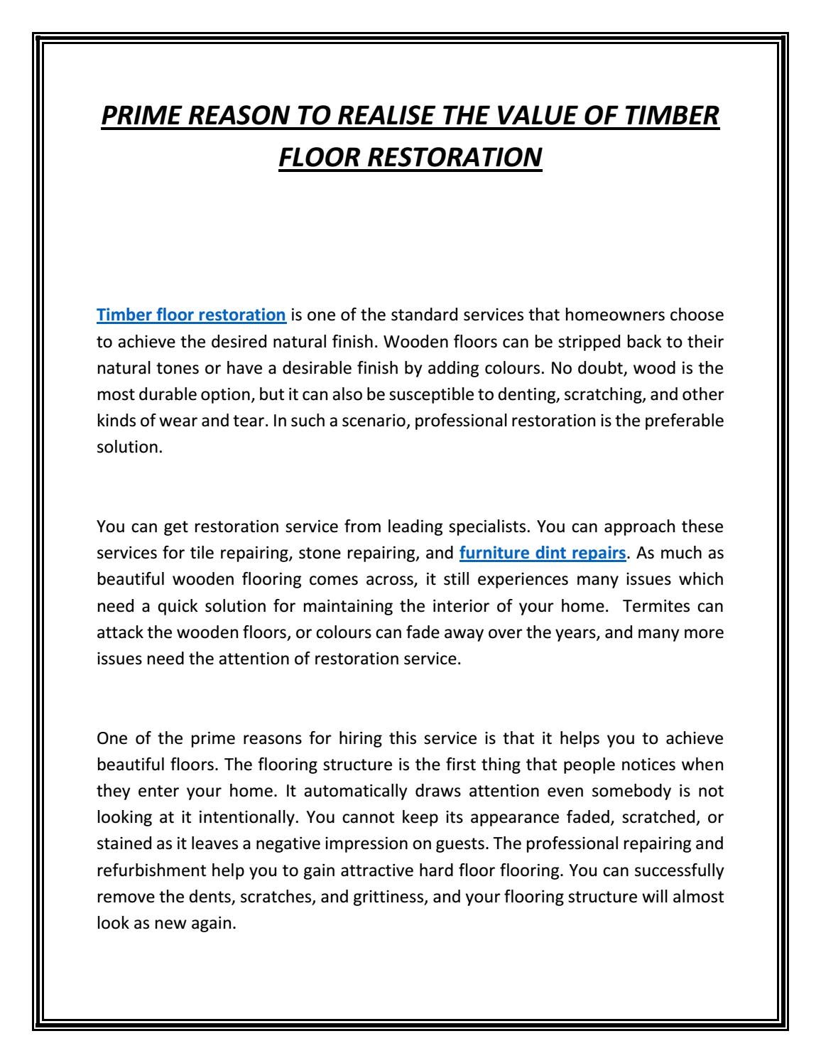 PRIME REASON TO REALISE THE VALUE OF TIMBER FLOOR RESTORATION by