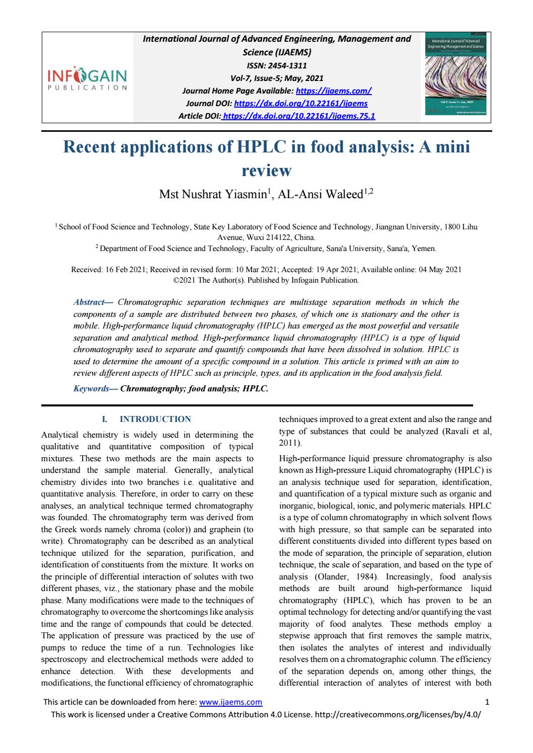 Recent applications of HPLC in food analysis A mini review by IJAEMS