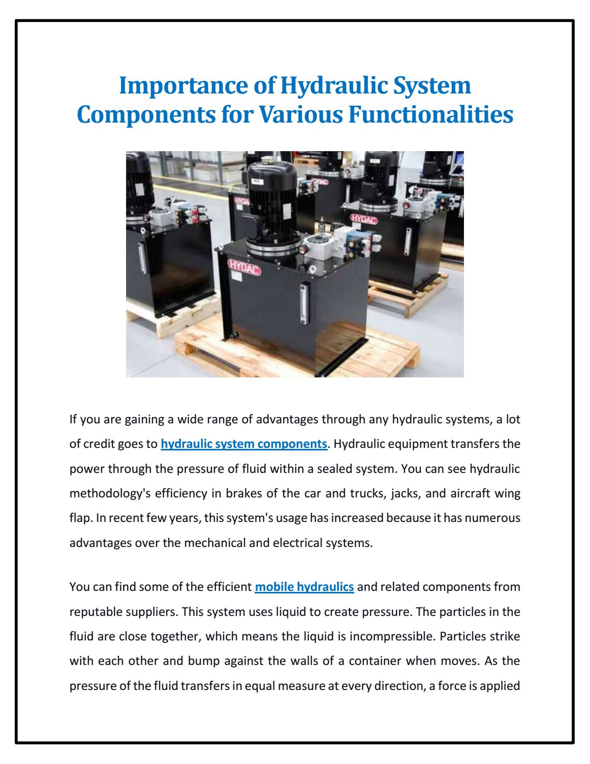 Importance of Hydraulic System Components for Various Functionalities