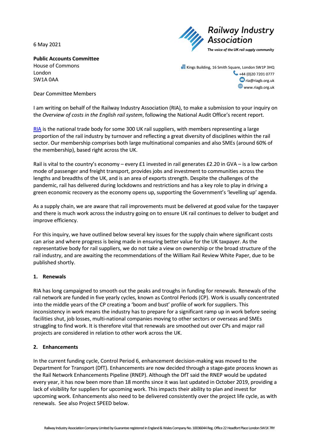 RIA Submission to Public Accounts Committee Costs in the English rail