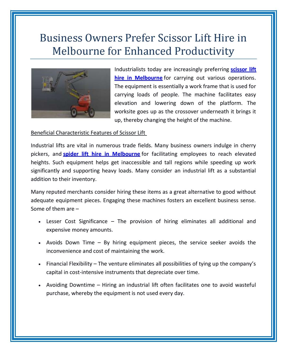 Business Owners Prefer Scissor Lift Hire in Melbourne for Enhanced