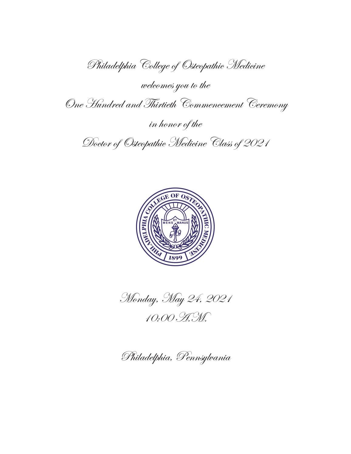 PCOM DO Commencement Program 2021 by Philadelphia College of Osteopathic  Medicine - Issuu