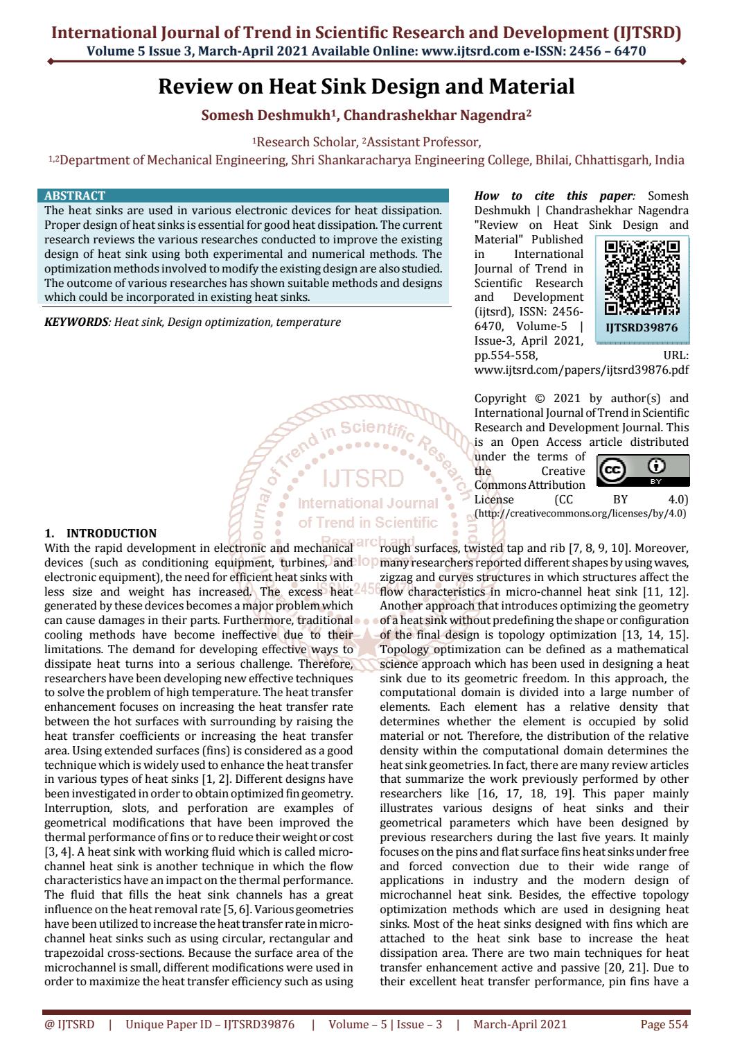 Review on Heat Sink Design and Material by International Journal of