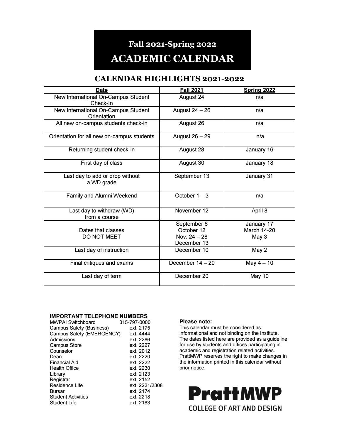 2021-2022 PrattMWP Academic Calendar REV 5-19-2021 by Munson Museum of Art - Issuu