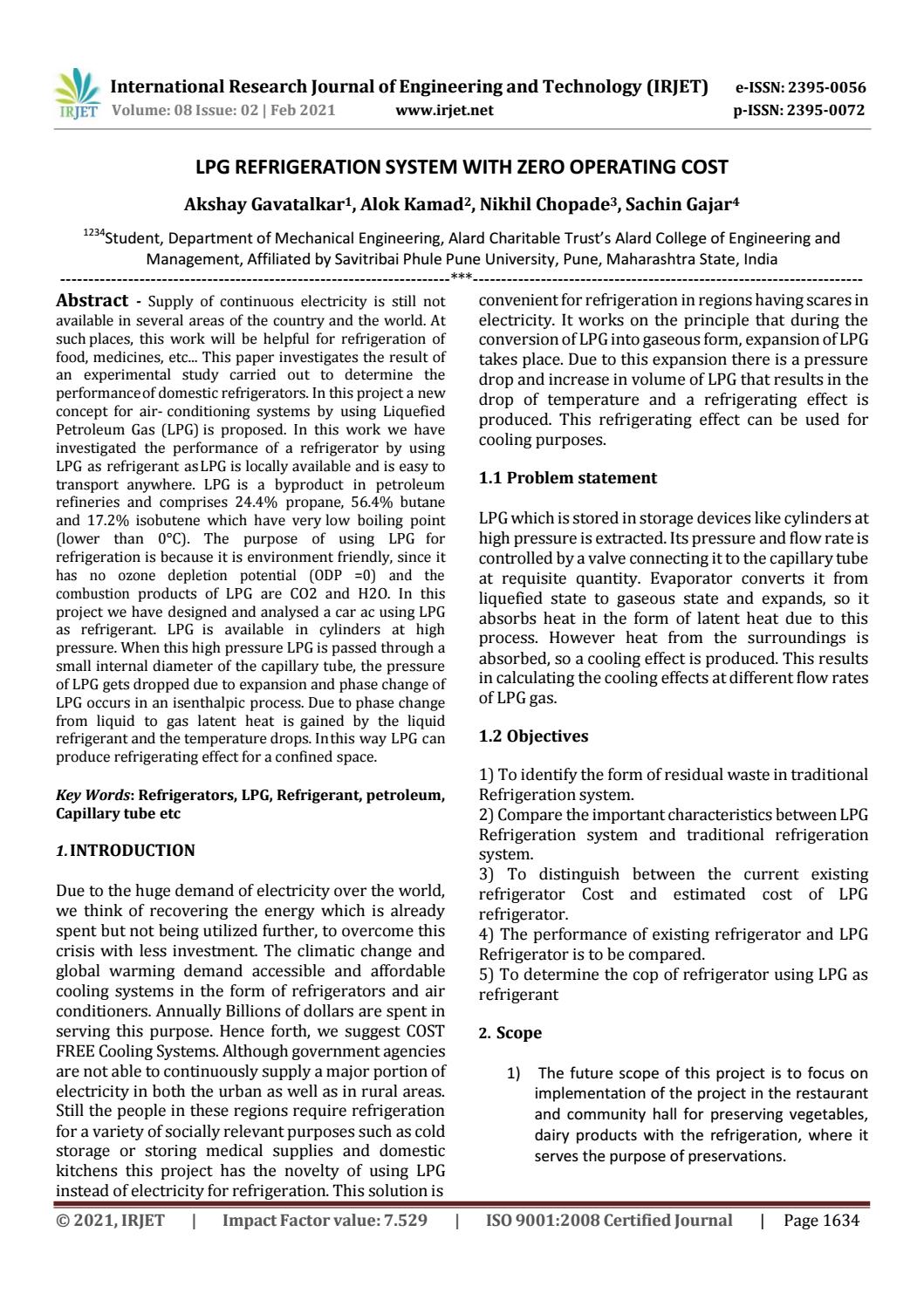 IRJET LPG Refrigeration System with Zero Operating Cost by IRJET