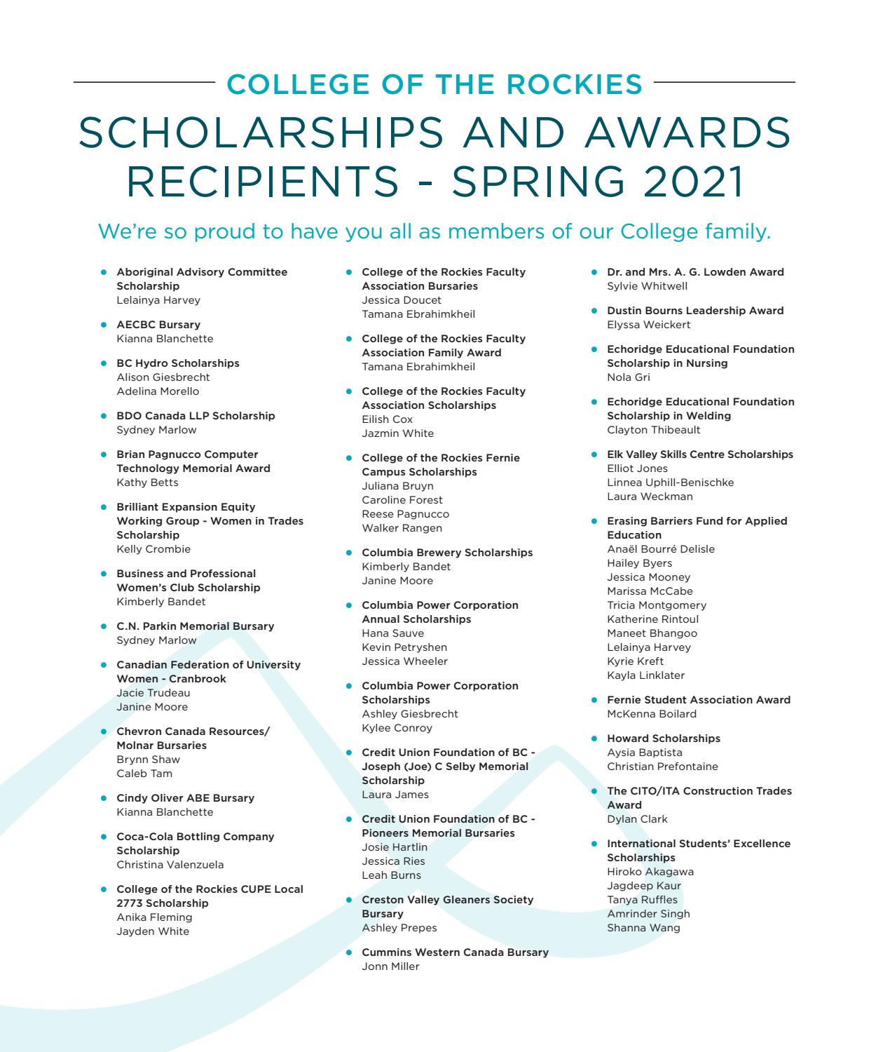 College Of The Rockies 2021 Scholarship And Award Winners By College Of