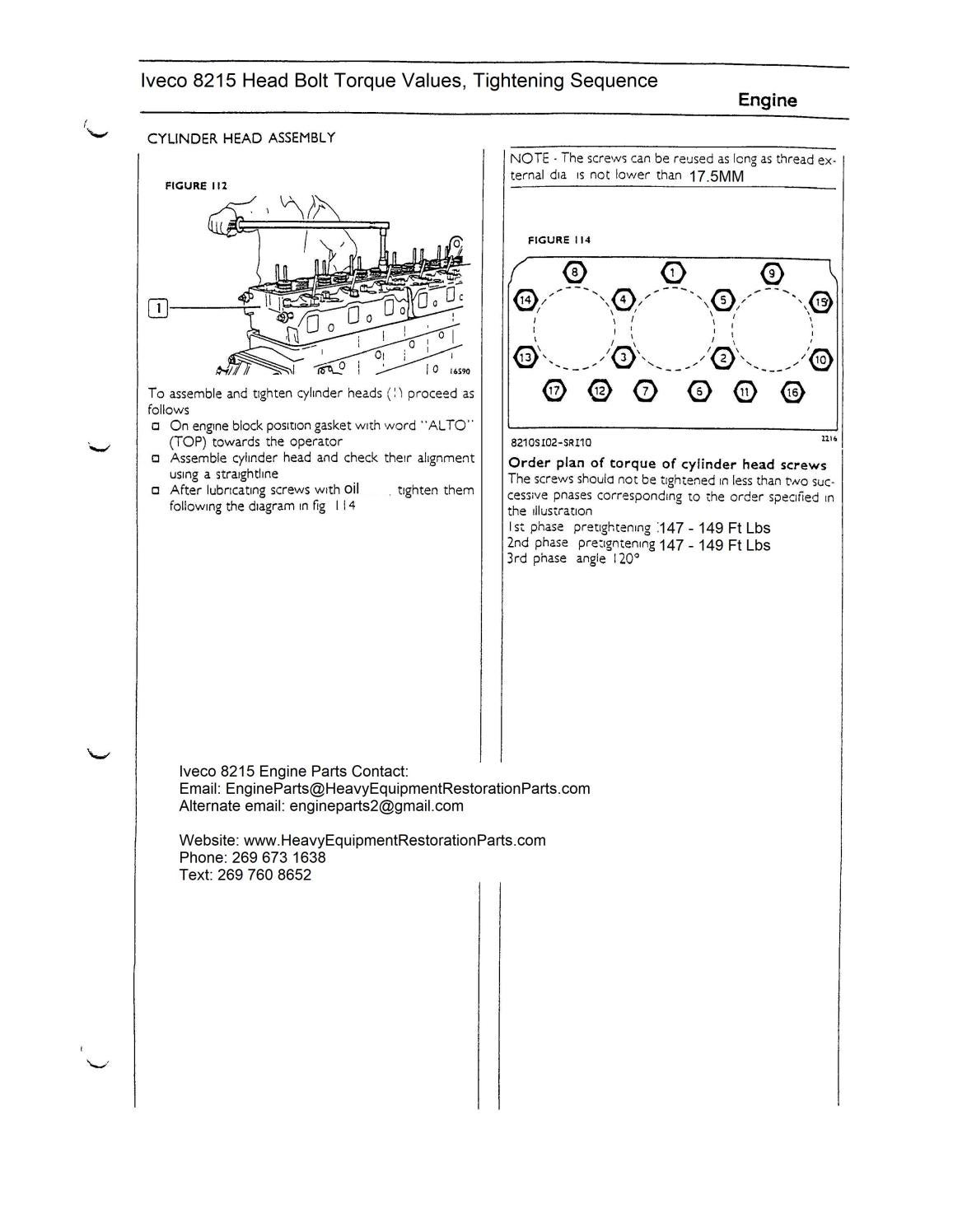 Iveco 8215 Head Bolt Torque Values, Head Bolt Tightening Sequence, by