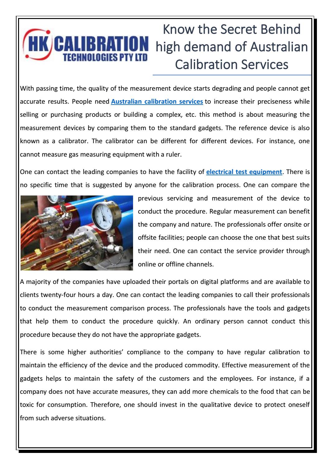 Know the secret behind high demand of australian calibration services by Calibration Services