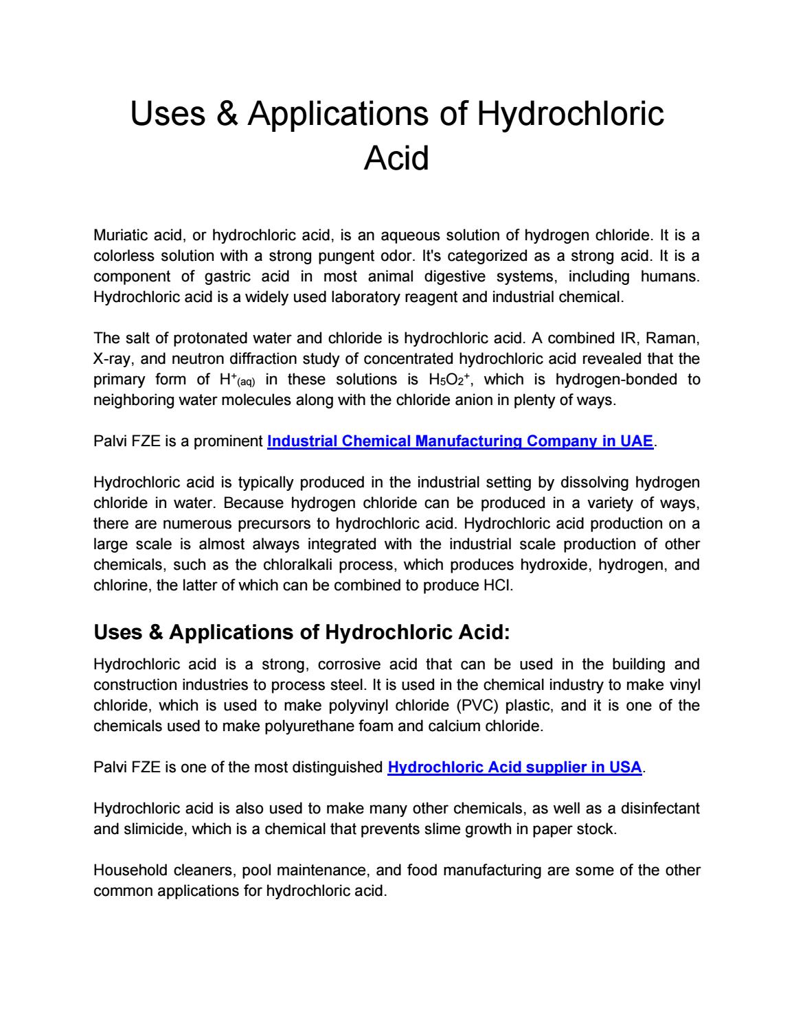 Uses & Applications of Hydrochloric Acid by Palvi Fze - Issuu