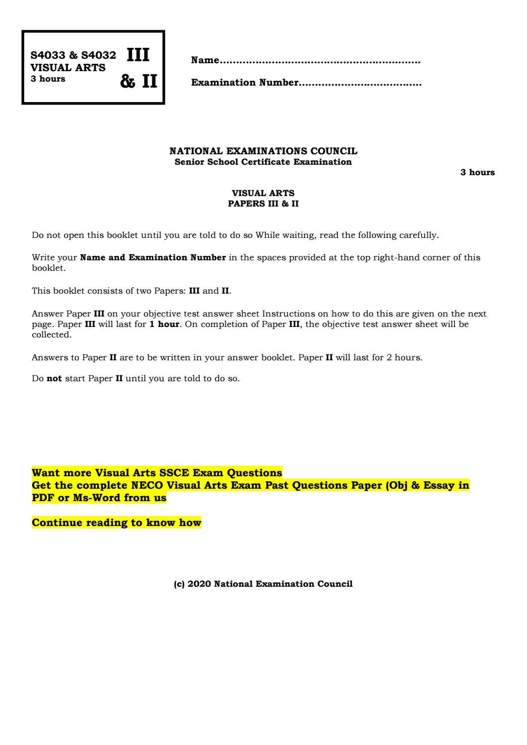 Visual Arts Past Questions for NECO SSCE Essay and Objective by Charles