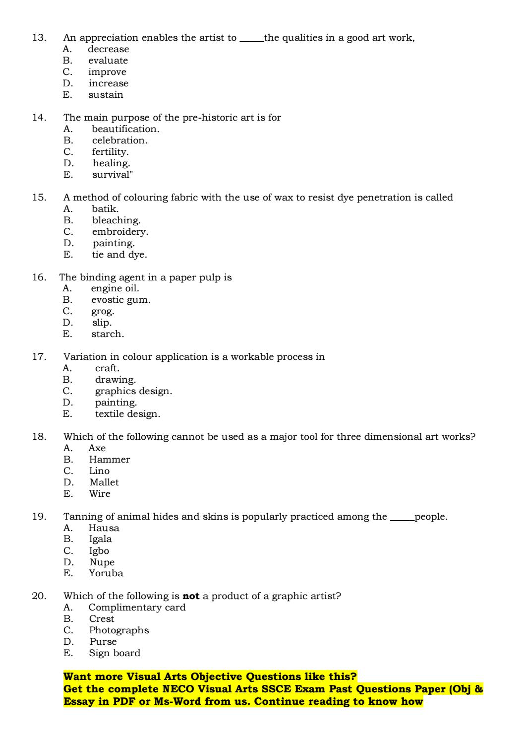 Visual Arts Past Questions for NECO SSCE Essay and Objective by Charles