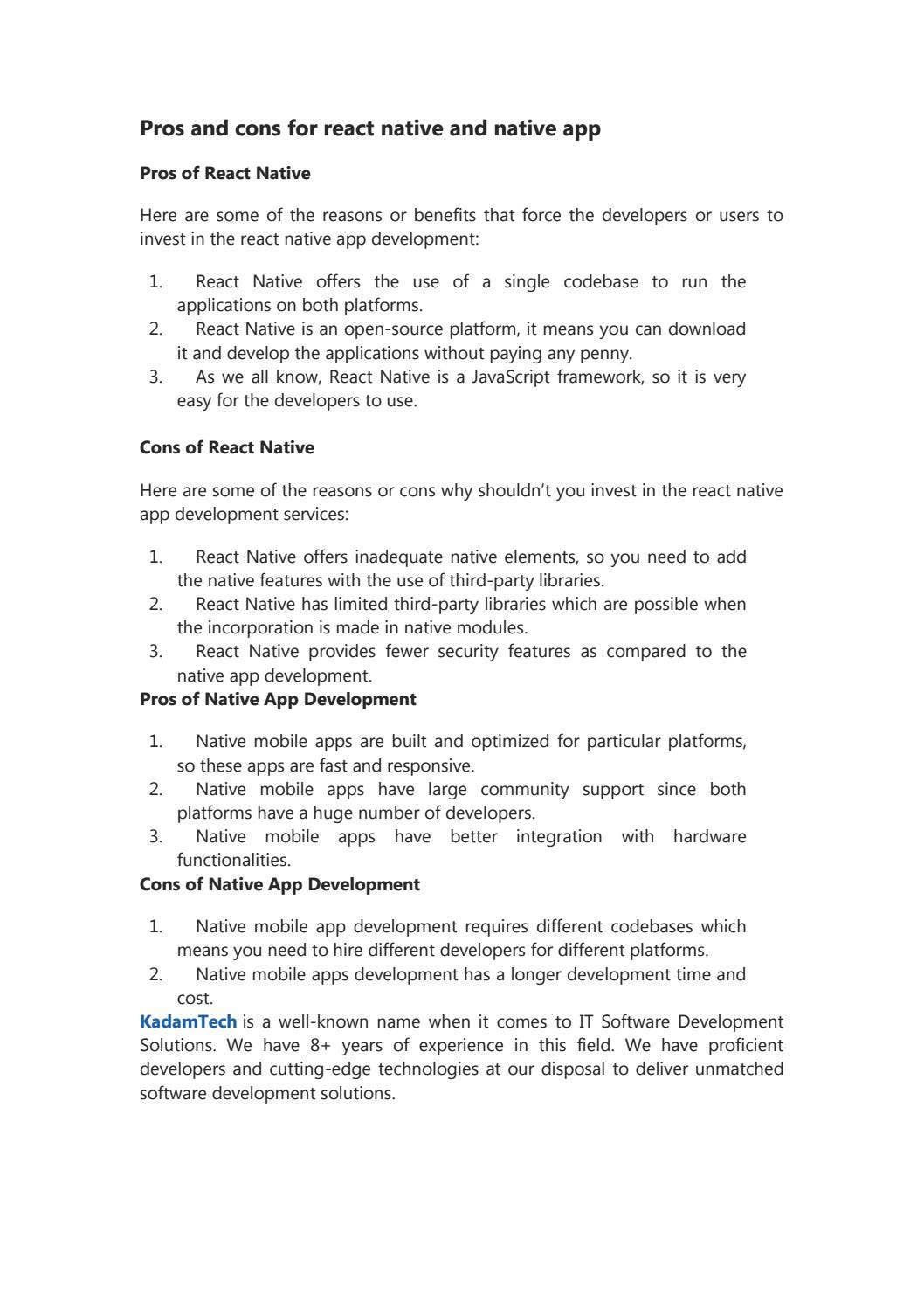 Pros and cons for react native and native app by KadamTech - Issuu