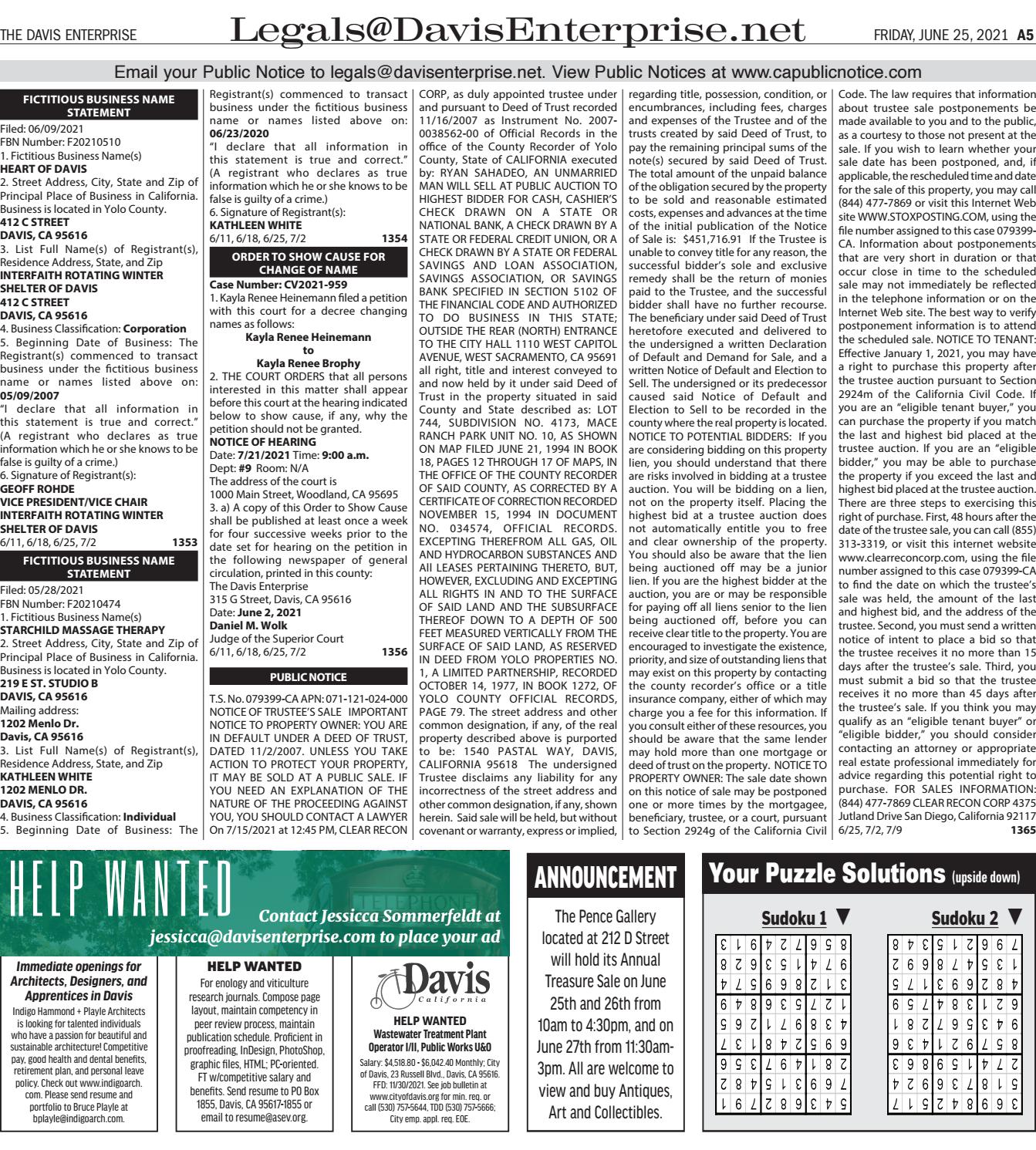 Davis Enterprise classifieds for Friday, June 25, 2021 by mcnaughtonmedia -  Issuu