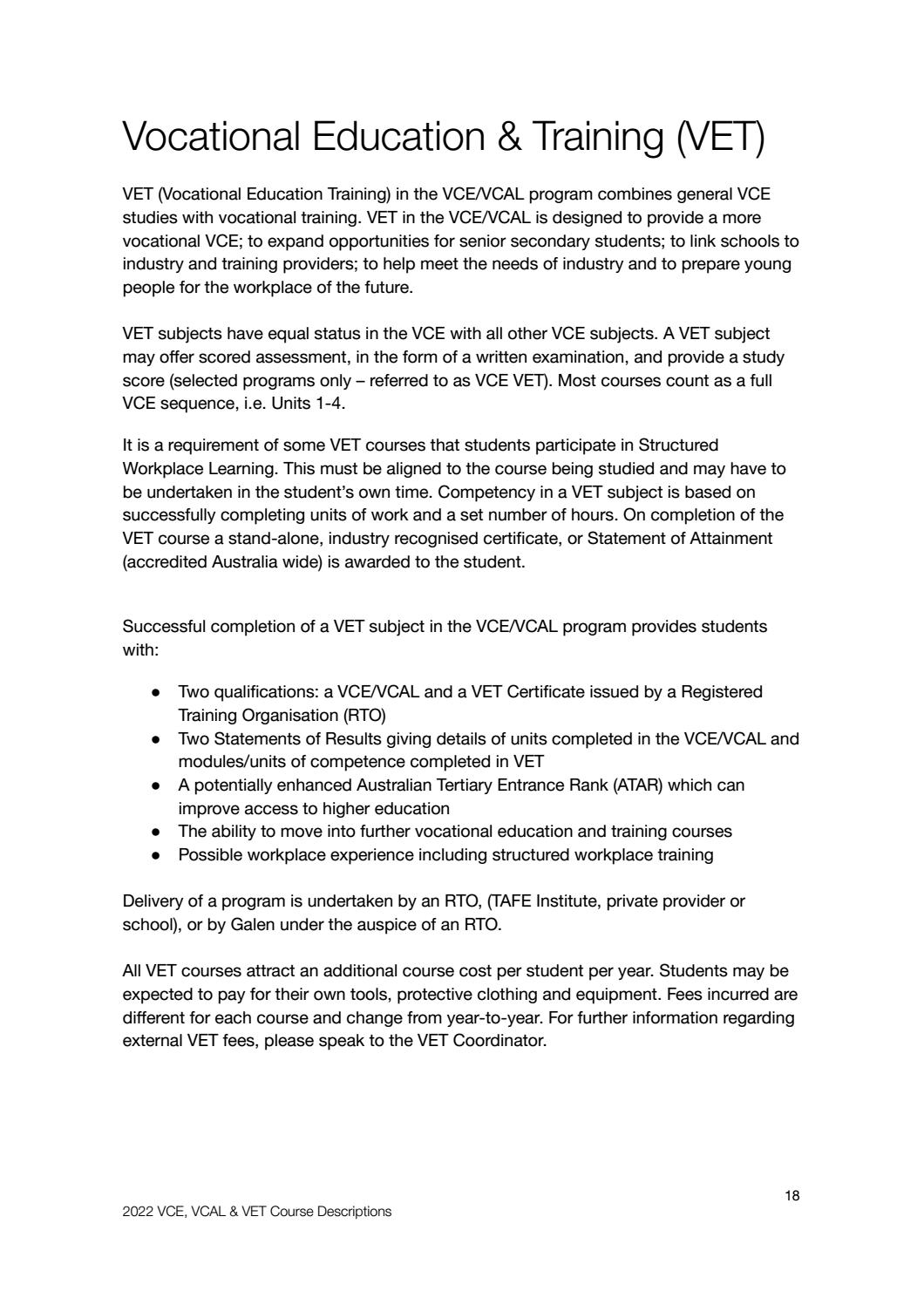 VCE VCAL VET 2022 Course Guide by galencatholiccollege Issuu