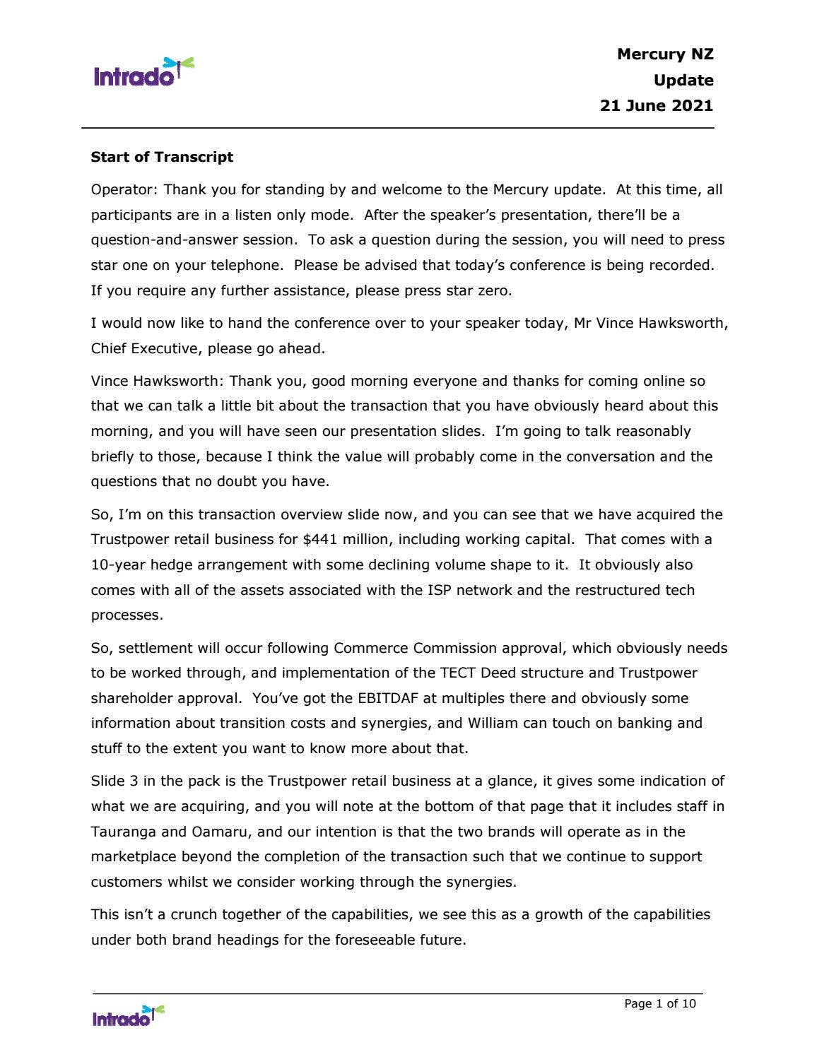 Trustpower Retail Acquisition Transcript by Mercury - Issuu