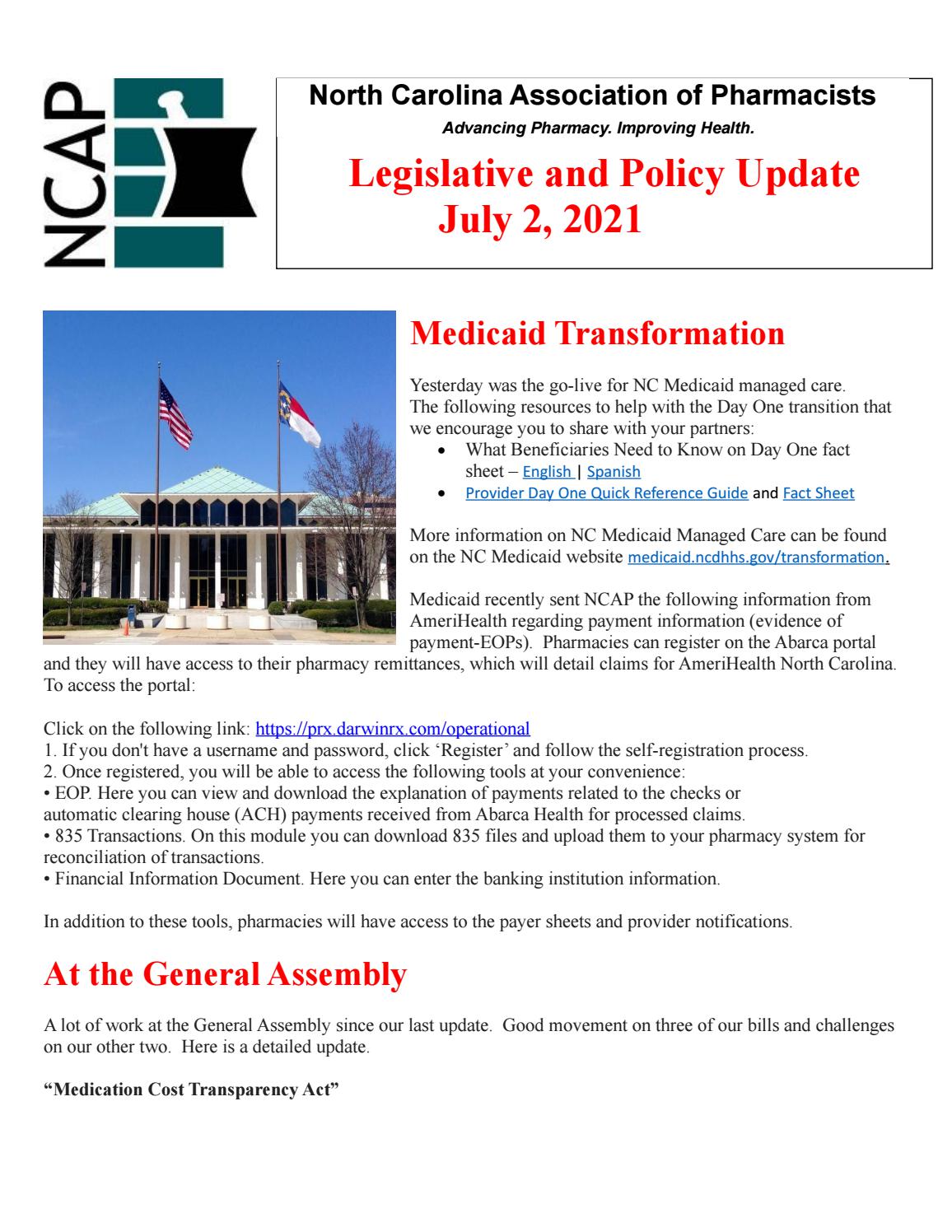 NCAP Legislative Update July 2021 by North Carolina Association of